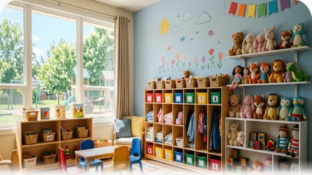 A cheerful daycare room with small cubbies and soft toys arranged neatly