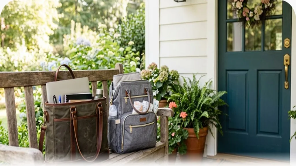 A work tote bag and a diaper bag sitting side by side on a bench near the front door