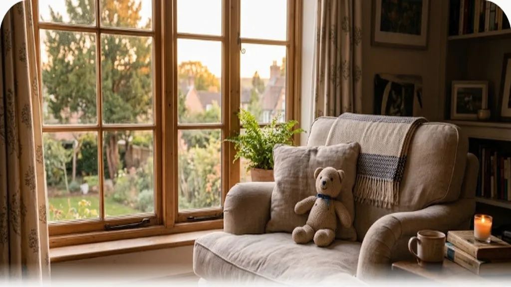 A soft armchair by a window in warm evening light with a small stuffed toy on the cushion