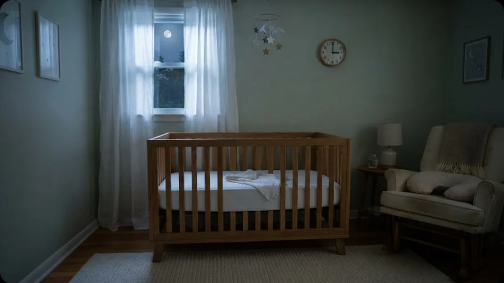 A dim nursery at night with a wooden crib and moonlight through sheer curtains, a wall clock reading past 3am