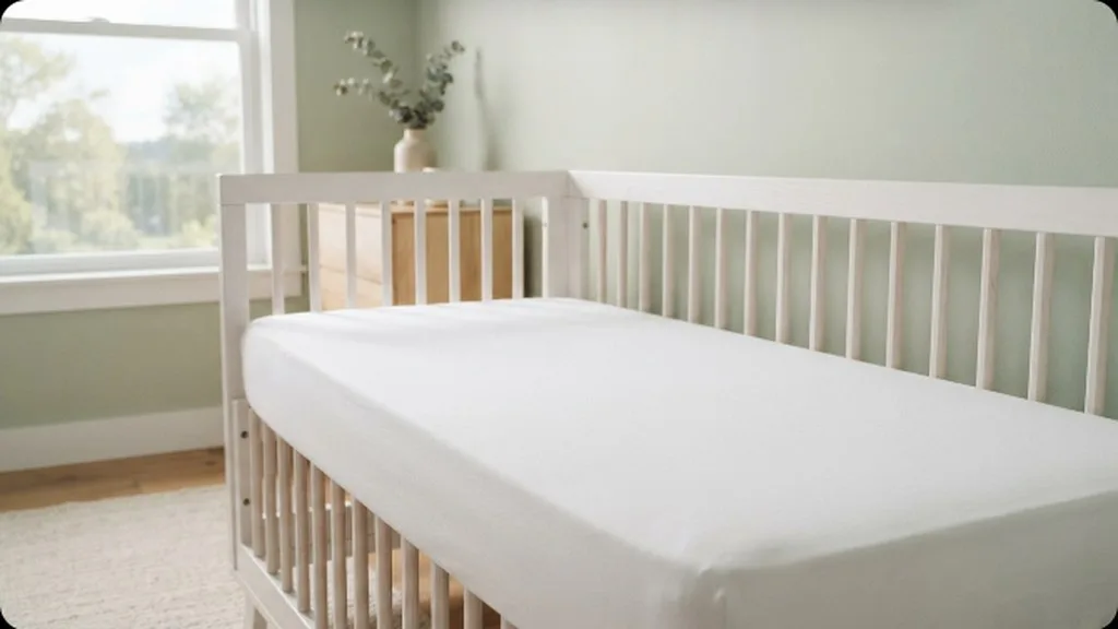 A bare, firm crib mattress with just a fitted sheet, demonstrating a safe sleep space with no loose bedding