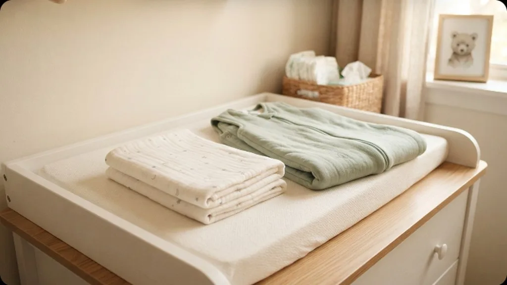 A folded muslin swaddle blanket and a wearable sleep sack laid out on a changing table