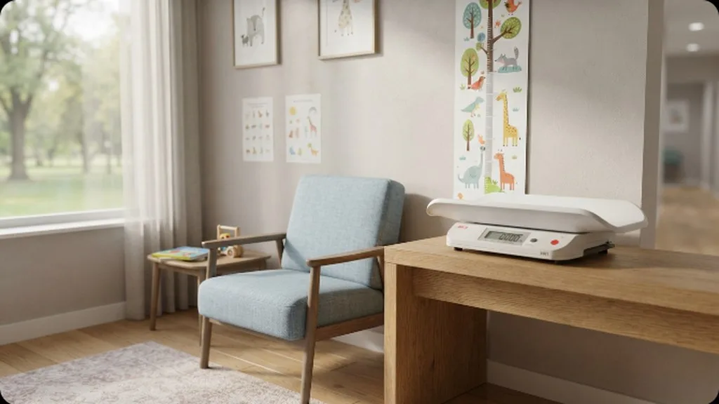 A pediatric clinic corner with a baby scale and a growth chart, a calm setting for a checkup
