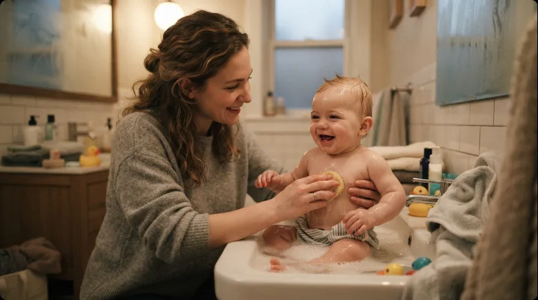 Smiling baby sitting in a bathroom sink during a warm bath as part of a bedtime routine, with a parent washing them