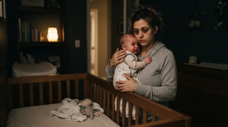 Tired parent comforting a crying baby beside the crib at night during the four-month sleep regression
