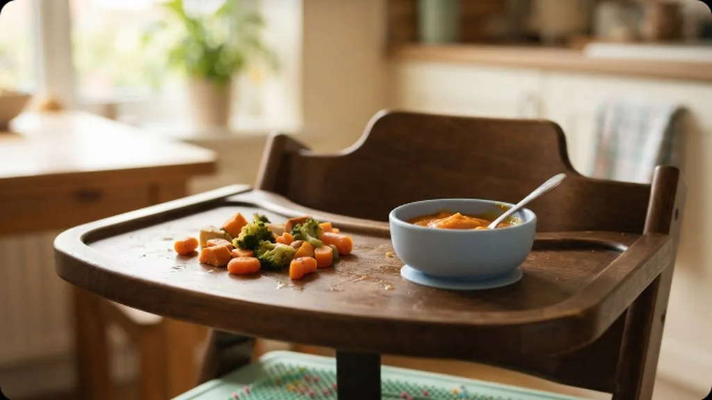 Starting Solids: When and How to Actually Begin A high chair tray with soft steamed vegetable pieces next to a small bowl of puree