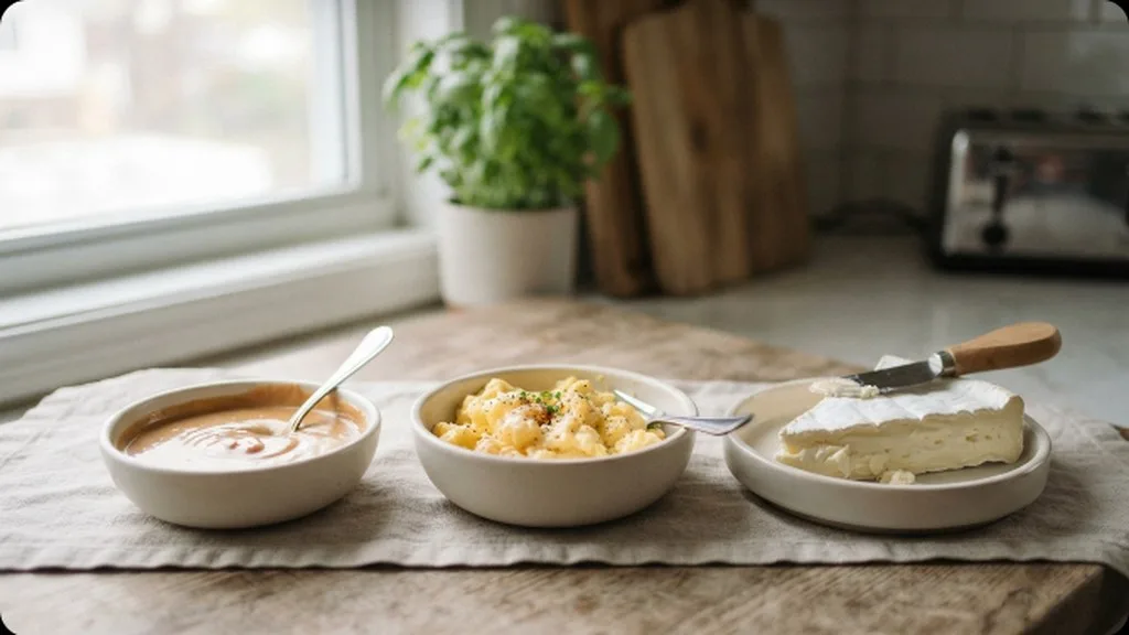 Starting Solids: When and How to Actually Begin Small dishes of thinned peanut butter, scrambled egg, and soft cheese arranged for introducing allergens