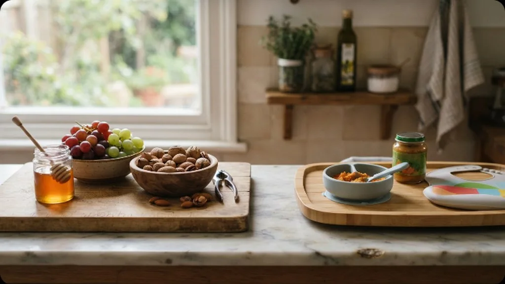 Starting Solids: When and How to Actually Begin Honey, whole grapes, and nuts set aside on a kitchen counter, foods to avoid for babies