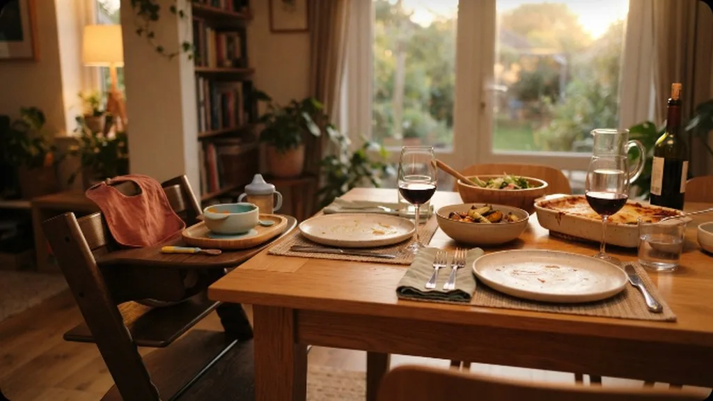 Starting Solids: When and How to Actually Begin A dinner table set for a family meal with a high chair pulled up alongside