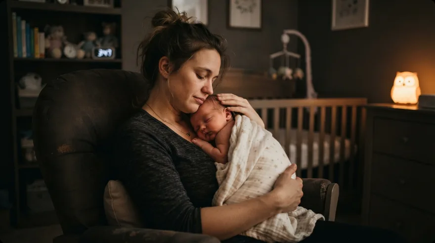 Mother gently holding her sleeping newborn against her shoulder in a dim nursery at night