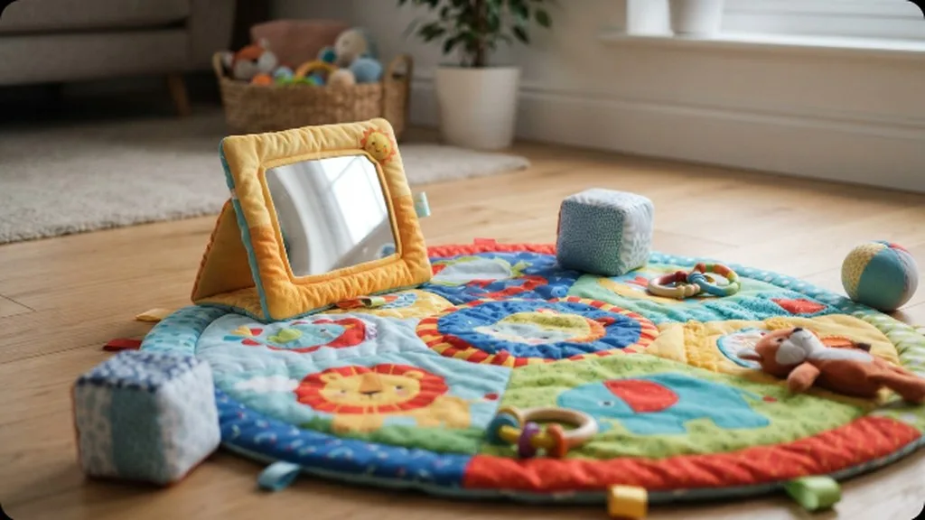 Tummy Time: How Much Your Baby Actually Needs and What to Do When They Hate It A textured play mat with a small baby mirror toy propped up at floor level