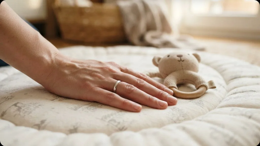 Tummy Time: How Much Your Baby Actually Needs and What to Do When They Hate It A parent's hand resting gently on a padded play mat beside a soft rattle toy