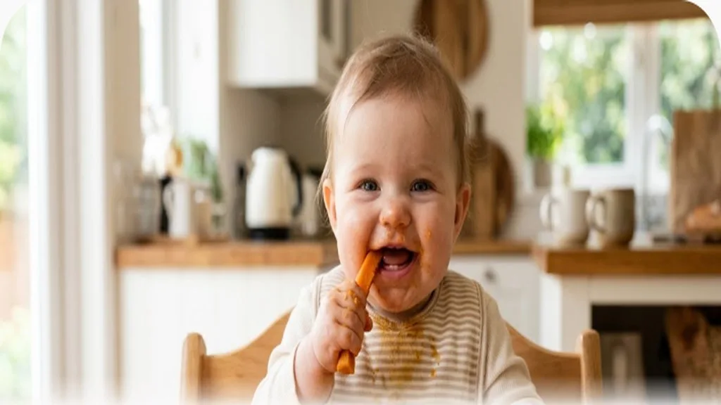 Baby gripping a soft steamed vegetable stick with their whole hand, baby-led weaning