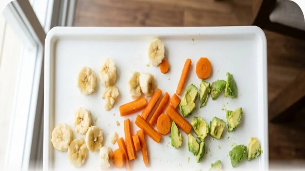 High chair tray with soft cut pieces of banana, avocado, and carrot sticks for baby-led weaning