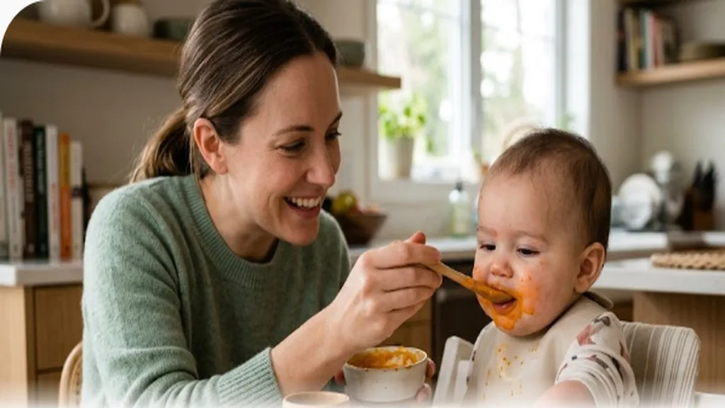 Parent spoon-feeding a baby puree while baby reaches for food on the tray