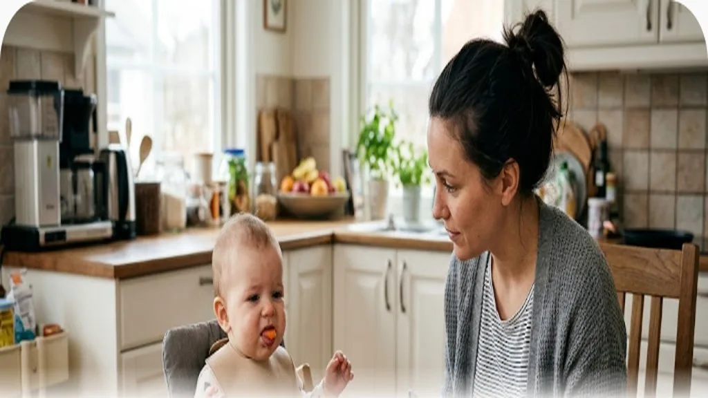 Parent sitting calmly beside a baby gagging slightly on food during baby-led weaning