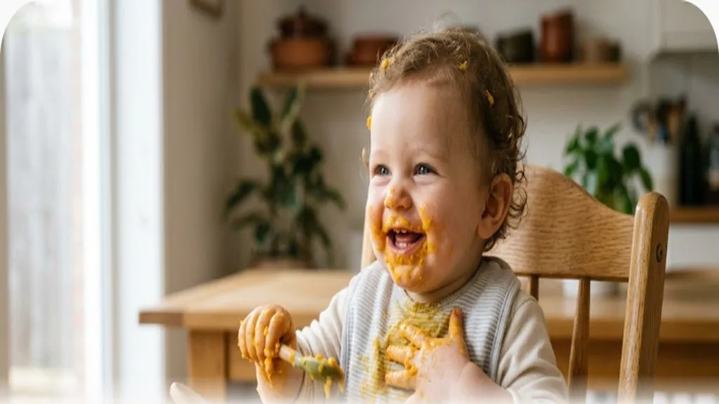Baby's messy face and hands covered in mashed sweet potato after self-feeding