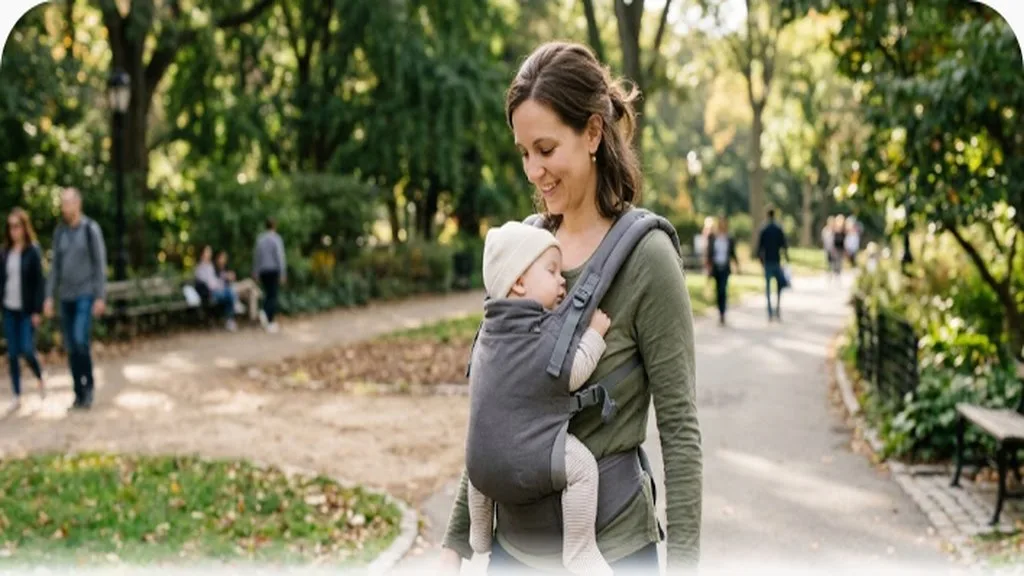 Parent wearing a soft structured baby carrier with baby facing inward, walking outdoors