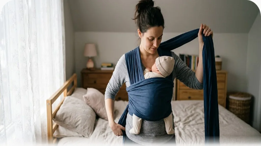 Parent wrapping a long fabric baby wrap around their torso with a newborn secured inside