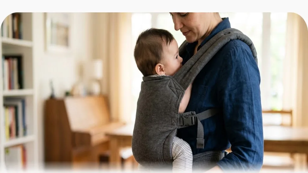 Close-up side view of a baby worn in a structured carrier showing proper hip support