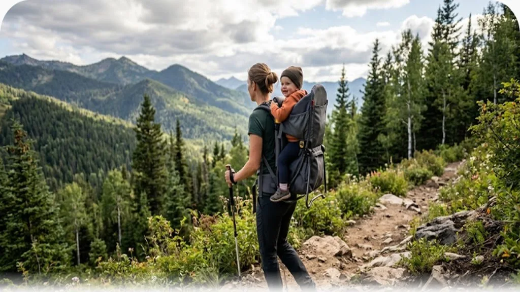 Parent carrying a toddler on their back in a framed carrier while hiking