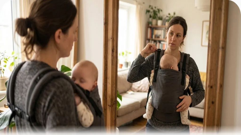 Parent adjusting the shoulder straps of a baby carrier in front of a mirror