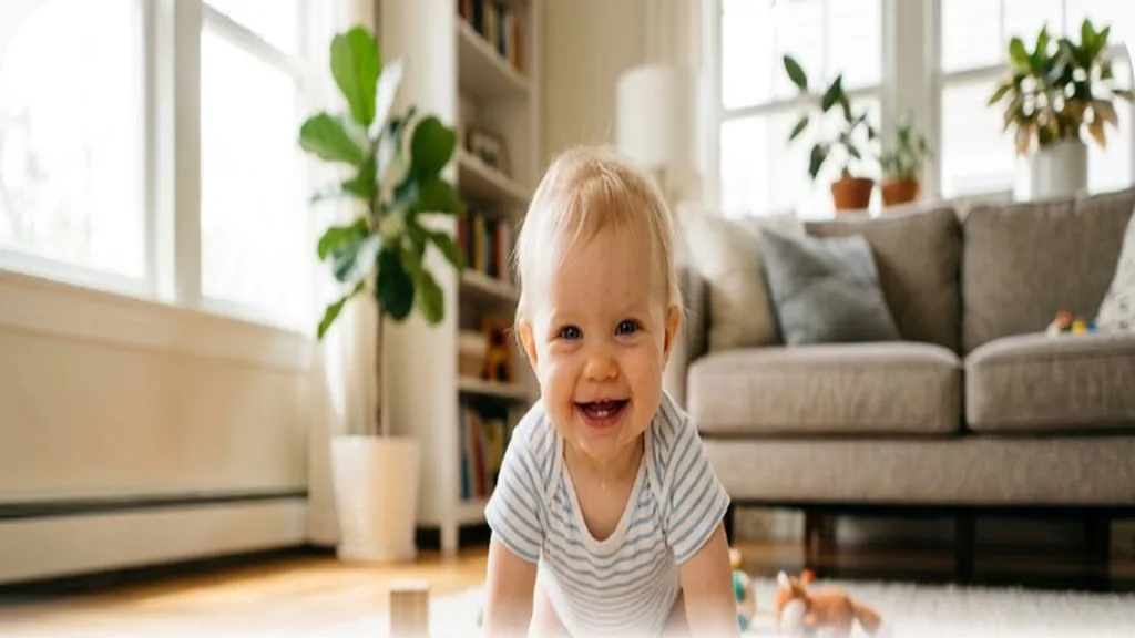 Baby crawling across a rug toward the camera, gross motor milestone timeline