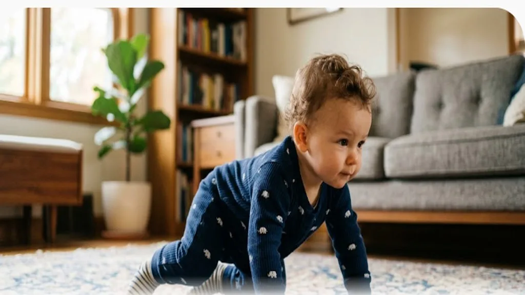 Baby crawling on all fours with a determined expression