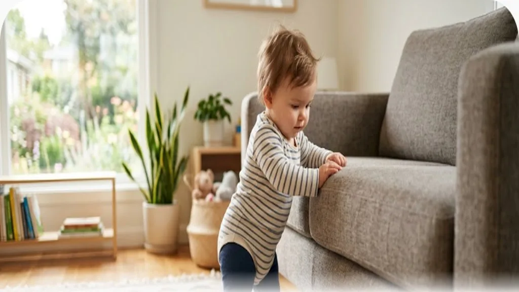 Baby pulling up to stand holding onto a couch