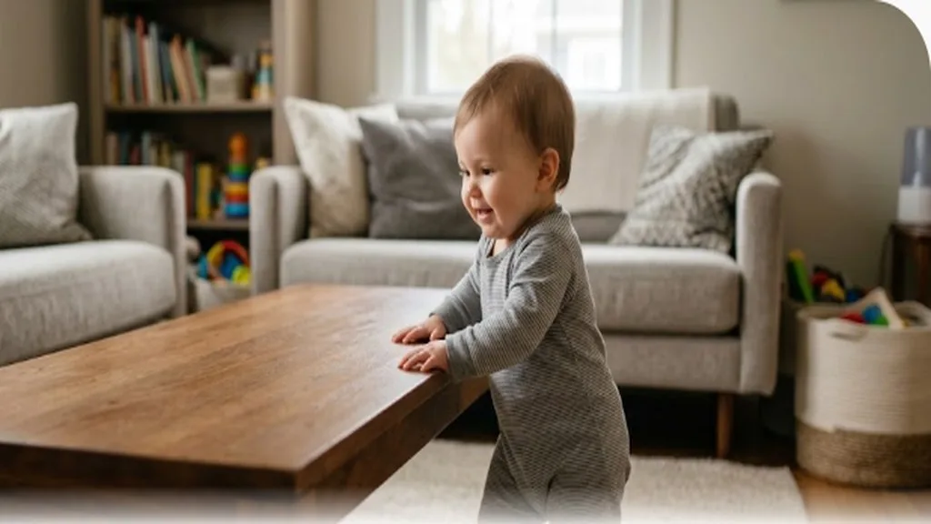 Baby cruising sideways along a coffee table holding on with both hands