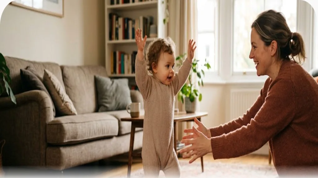 Baby taking a wobbly first step toward a parent's outstretched hands
