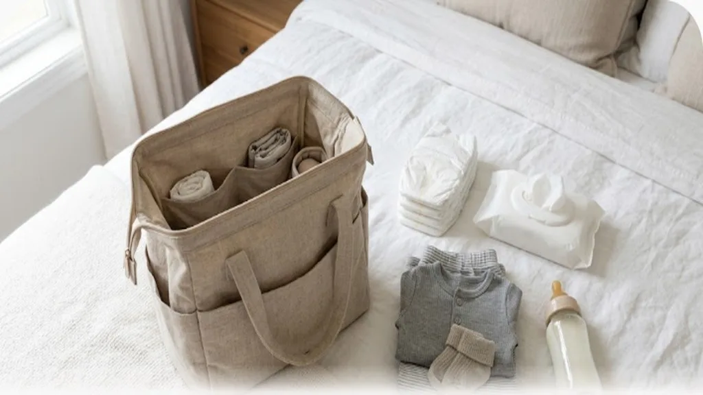 Open diaper bag on a bed with diapers, wipes, change of clothes, and a bottle laid out