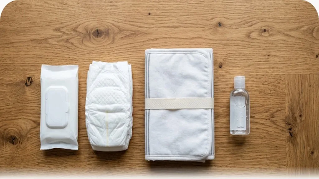 Diaper Bag Essentials: What to Actually Pack Overhead flat lay of diapers, wipes, a changing pad, and hand sanitizer