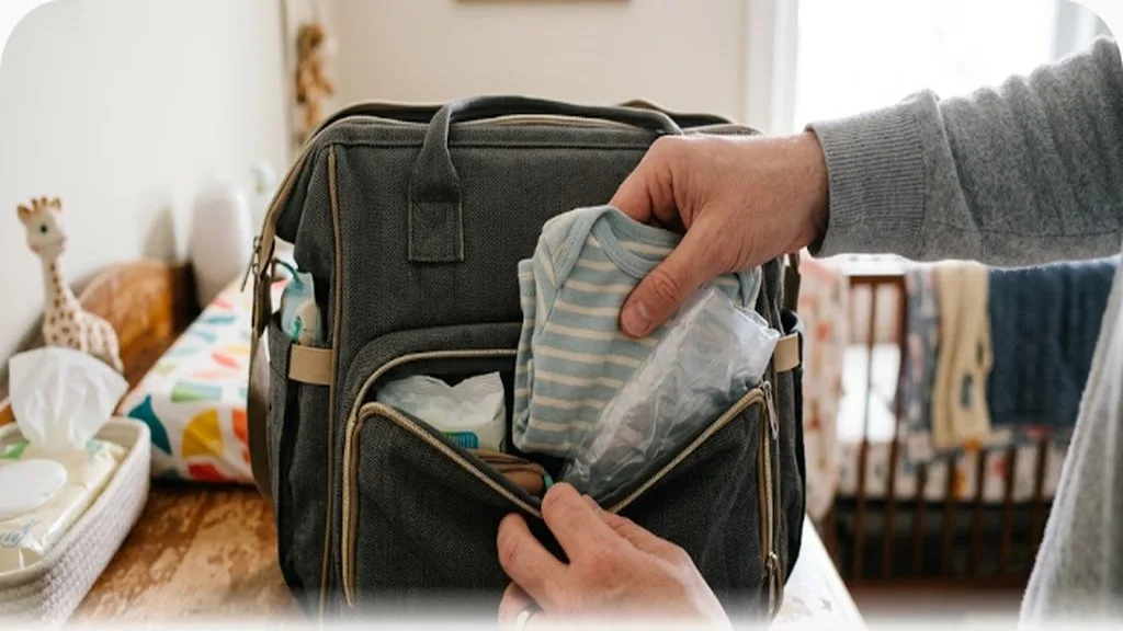 Diaper Bag Essentials: What to Actually Pack Parent packing a spare onesie and bag for dirty clothes into a diaper bag pocket