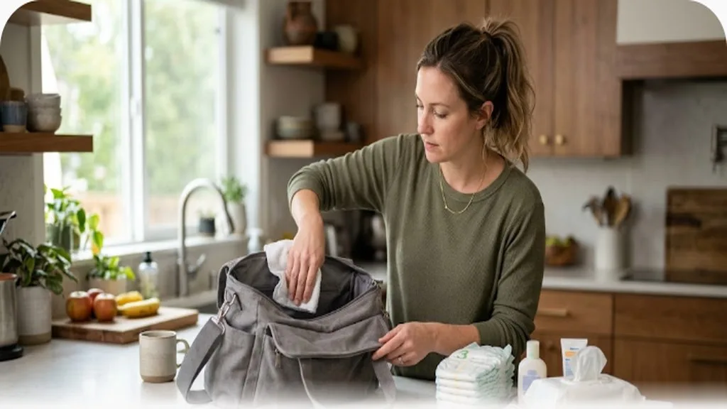 Diaper Bag Essentials: What to Actually Pack Parent wiping down the inside of an empty diaper bag and restocking supplies