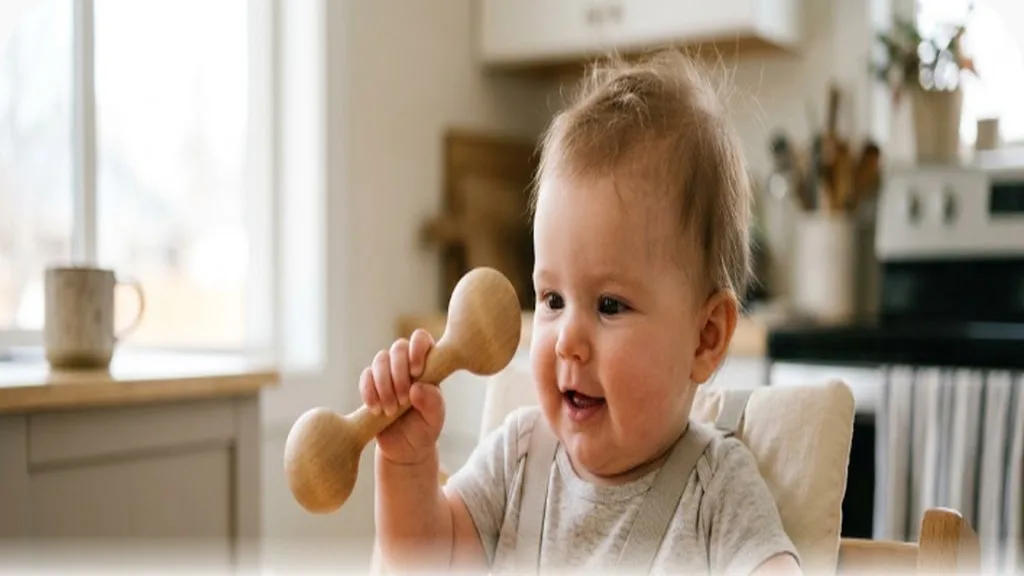 Fine Motor Skills: How Baby's Grasp Develops From Reflex to Pincer Baby grasping a wooden rattle with a whole-hand palmar grasp
