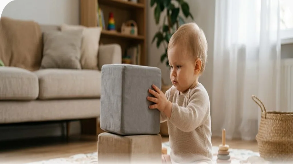 Fine Motor Skills: How Baby's Grasp Develops From Reflex to Pincer Baby stacking two soft blocks with careful hand-eye coordination