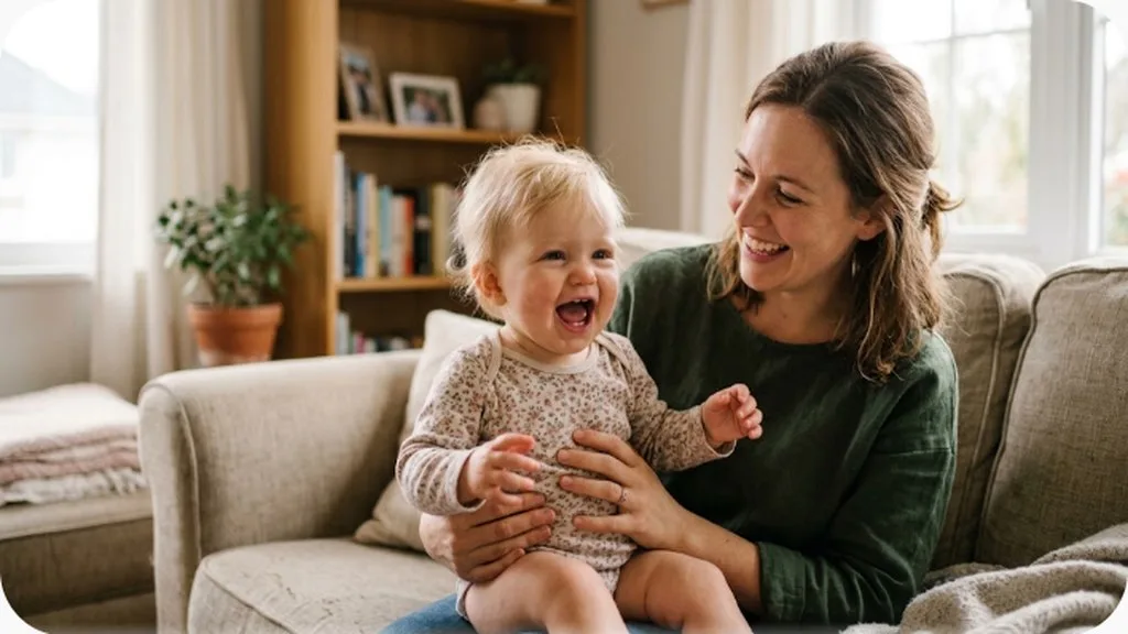 Happy baby babbling on a parent's lap, language development month by month