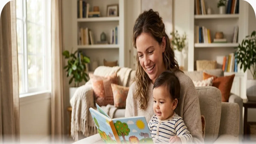 Parent reading a picture book aloud to a baby