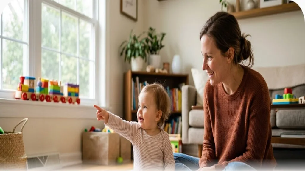Toddler pointing at an object while parent watches, language milestone