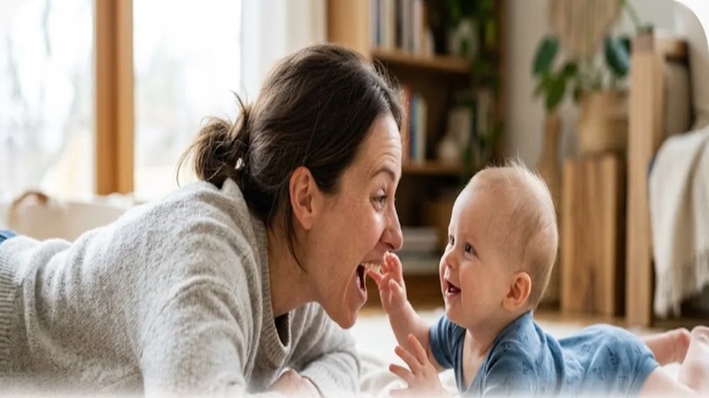 Parent and baby face to face talking, supporting speech development