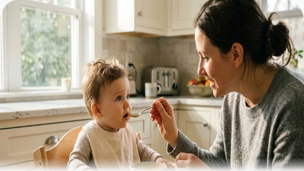 Baby in high chair being offered a spoonful of peanut butter thinned with water