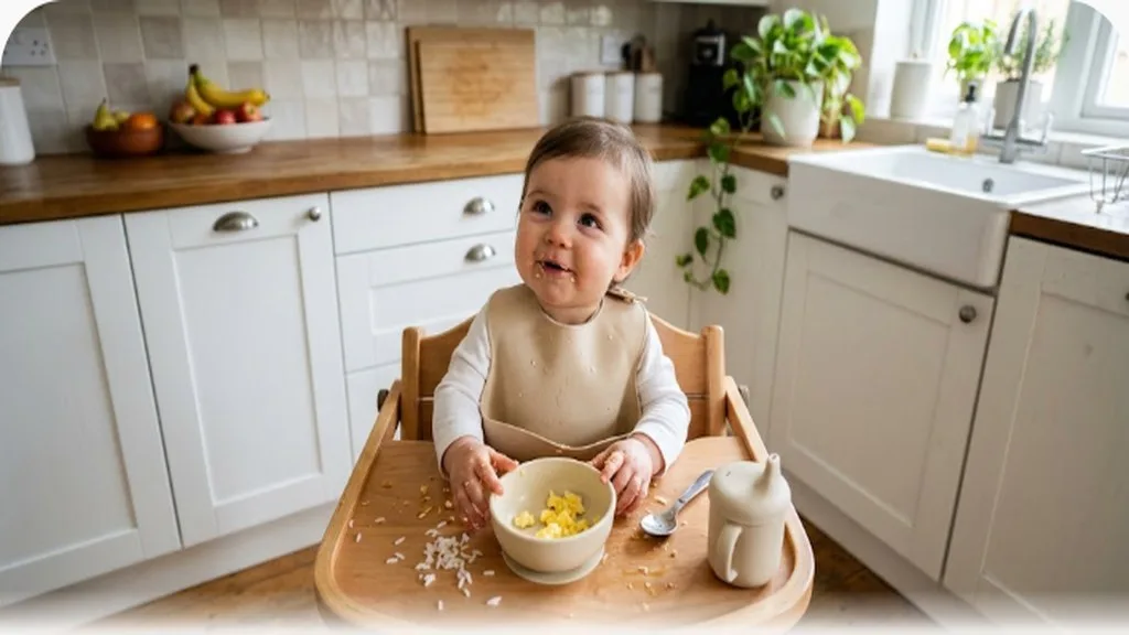 Food Allergies in Babies: Introducing Allergens Safely Baby in high chair with a small taste of egg and rice on the tray