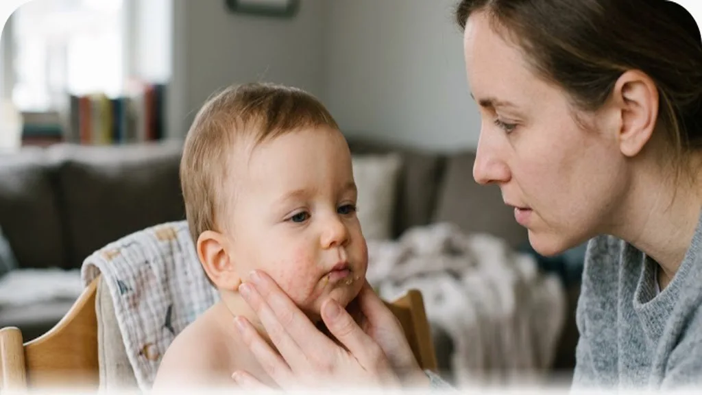 Food Allergies in Babies: Introducing Allergens Safely Baby's face with mild rash around the mouth, parent checking gently