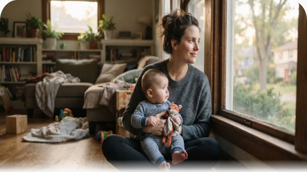 Tired parent sitting on living room floor with baby, looking thoughtfully out a window