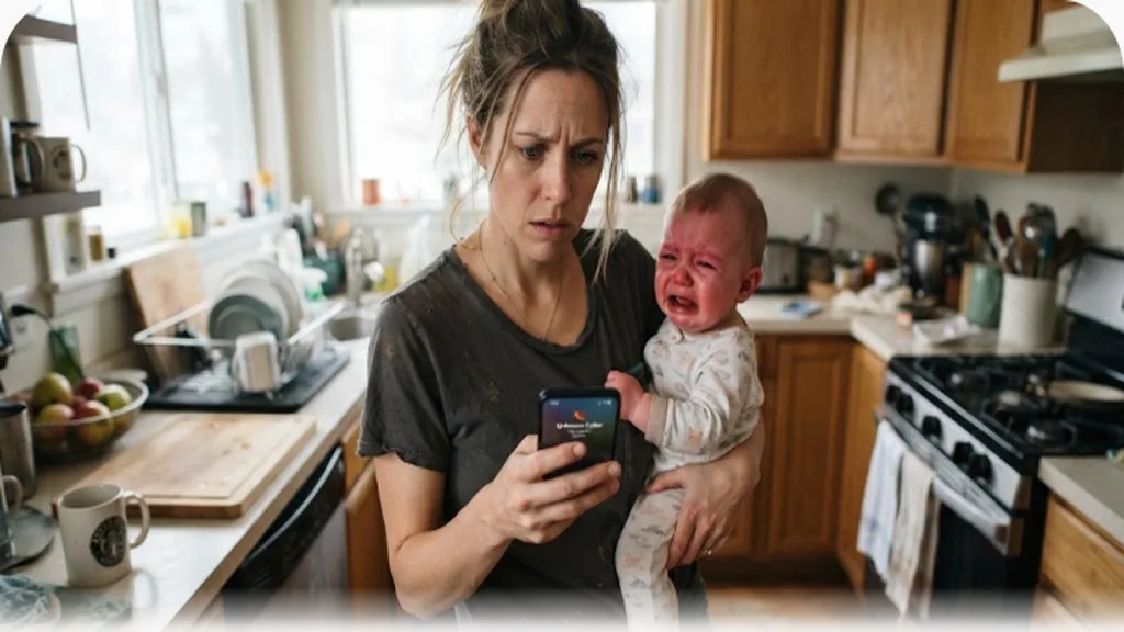 Managing Mom Guilt (and Dad Guilt): A Practical Perspective Parent checking a phone showing a missed call while holding a fussy baby