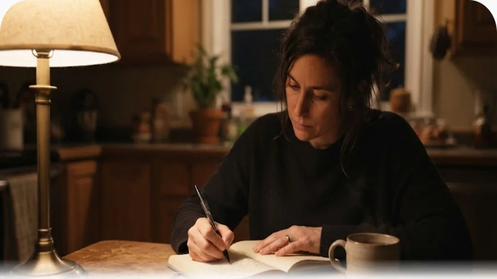 Managing Mom Guilt (and Dad Guilt): A Practical Perspective Parent writing in a journal at the kitchen table late at night