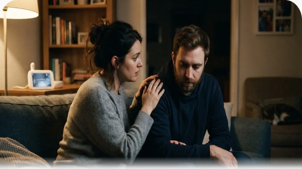 Managing Mom Guilt (and Dad Guilt): A Practical Perspective Two parents talking quietly on a couch after putting the baby to bed