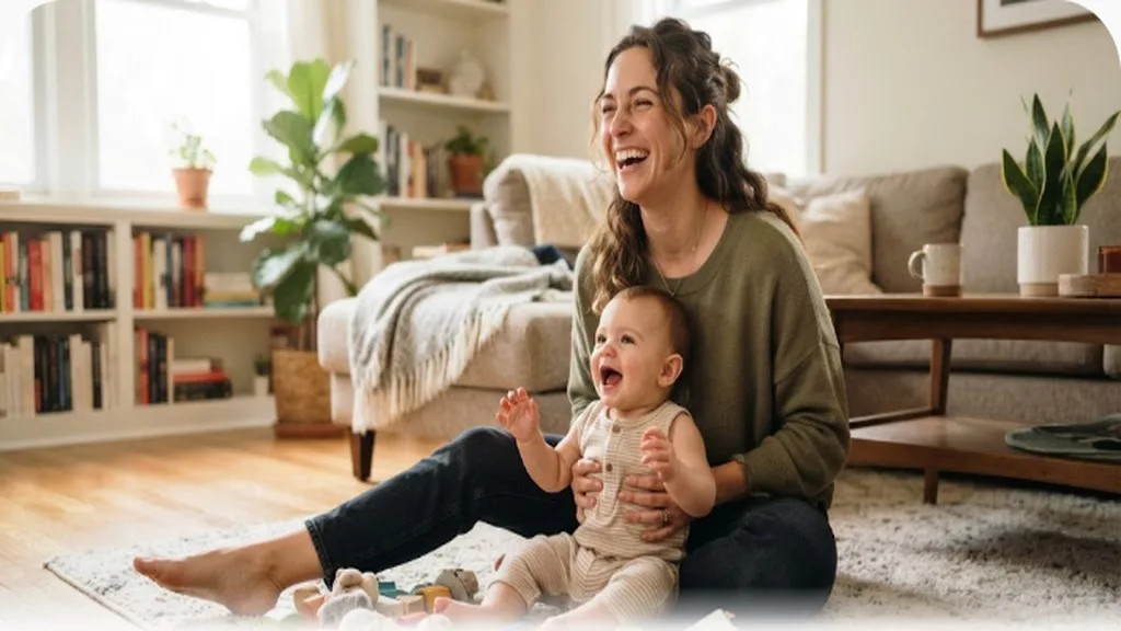 Managing Mom Guilt (and Dad Guilt): A Practical Perspective Parent laughing genuinely while playing on the floor with their baby