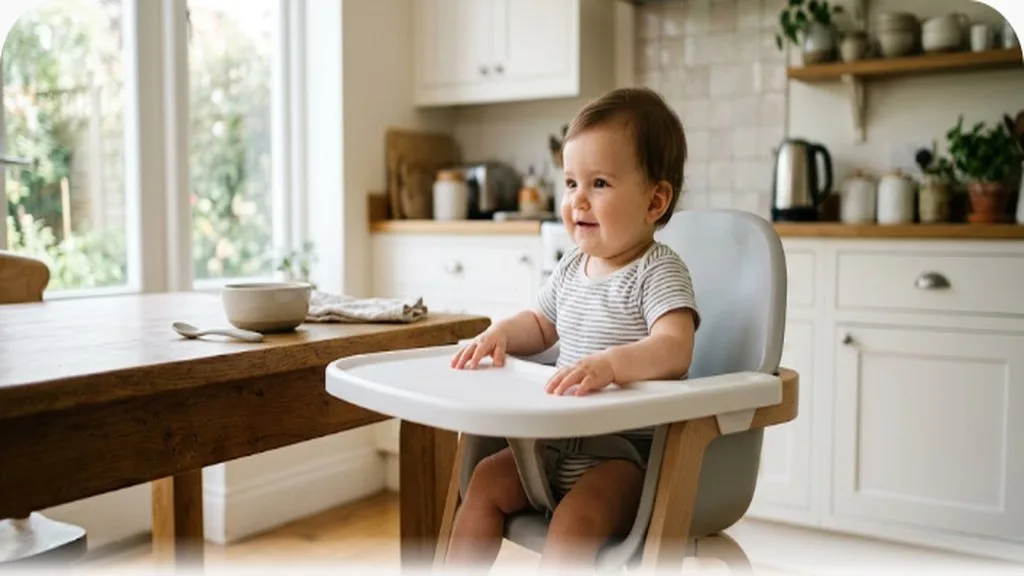 Baby sitting in a modern high chair at a kitchen table, tray clean and ready